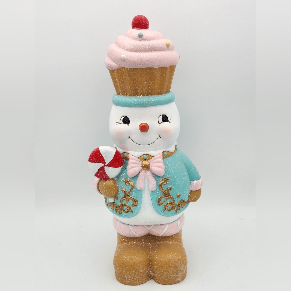 Whimsical 12.5" Resin Snowman Figure with Cupcake & Candy Cane